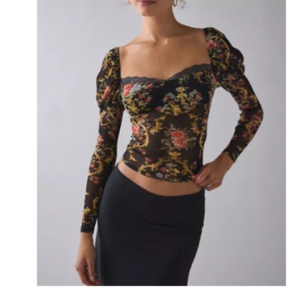 Kimchi Blue Floral Mesh Blouse - Black and Multicolor